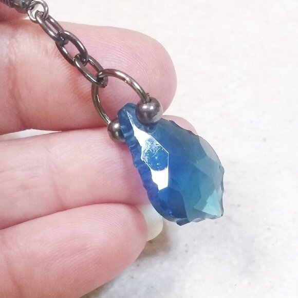 Fancy Cut Glass Drop Earrings - Blue & GunMetal Black! Edgy + Sexy Chandeliers - Picture 5 of 6